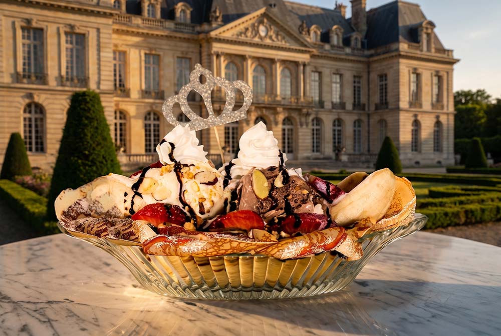 Louis XVI — the most premium sweet crêpe, with ice cream, fruit, Nutella, caramel and chocolate